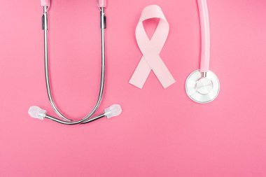 kopya alanı ile pembe arka plan üzerinde stetoskop ve pembe meme kanseri işareti ile düz yatıyordu