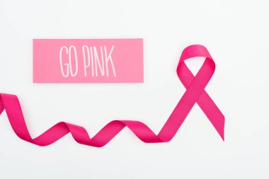 top view of curved crimson breast cancer ribbon and card with go pink lettering on white background clipart
