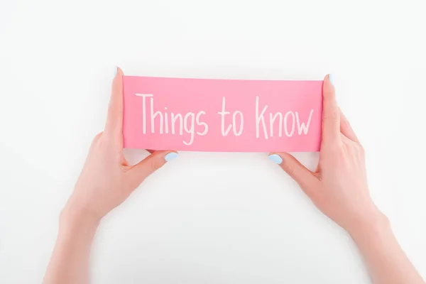 Cropped View Woman Holding Pink Card Things Know Lettering White — Stock Photo, Image