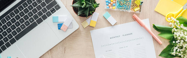 panoramic view of laptop, green plants and stationery on wooden table