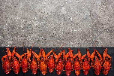 gri dokulu yüzeyüzerinde kırmızı ıstakoz ile siyah plaka üst görünümü