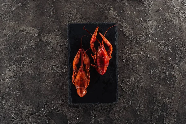 Puncak Tampilan Piring Hitam Dengan Lobster Merah Pada Permukaan Bertekstur — Stok Foto