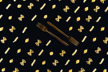 flat lay of different kinds of pasta with two metal forks in middle isolated on black clipart