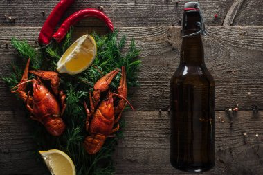 top view of red lobsters, lemon slices, dill, pepper and bottle with beer on wooden surface clipart