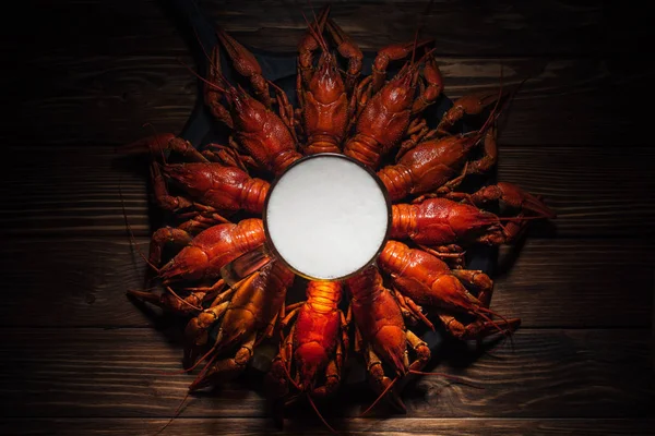 在木表面用红龙虾在盘子上观看啤酒杯的顶视图 — 图库照片
