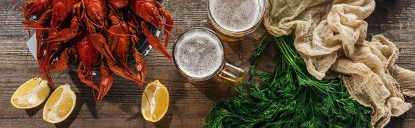 Panoramic Shot Red Lobsters Dill Lemon Slices Textile Glasses Beer — Stock Photo, Image