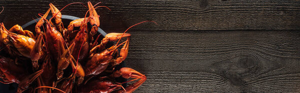 panoramic shot of red lobsters on plate at wooden surface