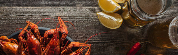 panoramic shot of red lobsters, lemon slices, peppers and glasses with beer on wooden surface