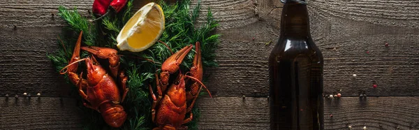 stock image panoramic shot of red lobsters, lemon slices, dill and glass bottle with beer on wooden surface