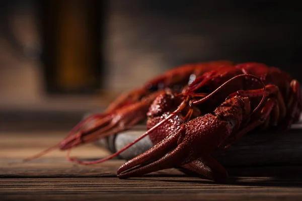 Selective focus of red lobsters on wooden surface and glass with beer on background — Stock Image Selective Focus Red Lobsters Wooden Surface Glass Beer Background Stock Image