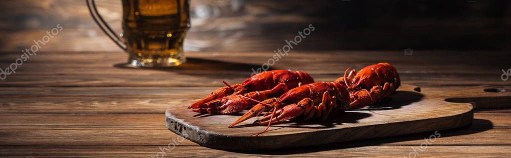 Panoramic shot of red lobsters and glass with beer on wooden surface — Stock Image Panoramic Shot Red Lobsters Glass Beer Wooden Surface Stock Picture