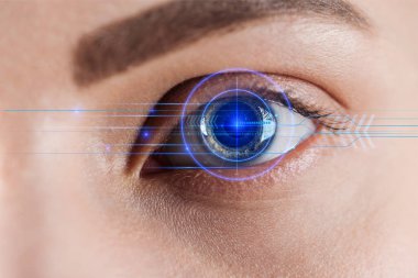 veri illüstrasyon, robotik kavram ile kadın gözünün yakın görünümü