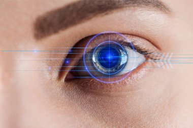 close up view of woman eye with data illustration, robotic concept clipart