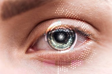 close up view of human green eye with data illustration, robotic concept clipart