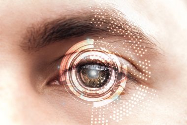 close up view of man brown eye with data illustration, robotic concept clipart