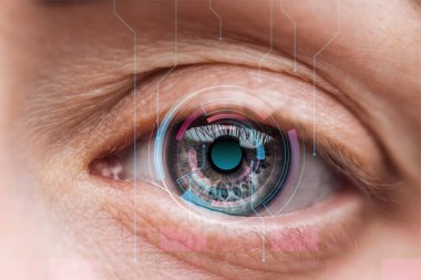 close up view of human eye with data illustration, robotic concept clipart