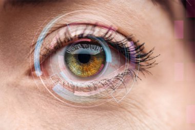close up view of human colorful eye with data illustration, robotic concept clipart