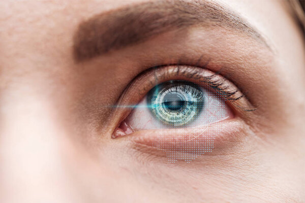 close up view of human green eye with data illustration, robotic concept