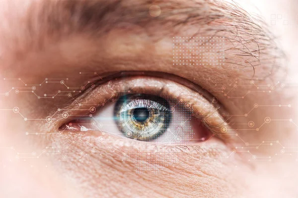 Close View Mata Orang Dewasa Dengan Ilustrasi Data Konsep Robot — Stok Foto