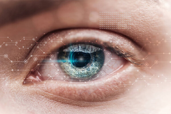 close up view of human green eye with data illustration, robotic concept