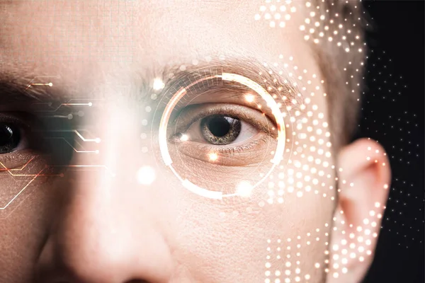 Visão Perto Olho Humano Com Ilustração Dados Conceito Robótico — Fotografia de Stock