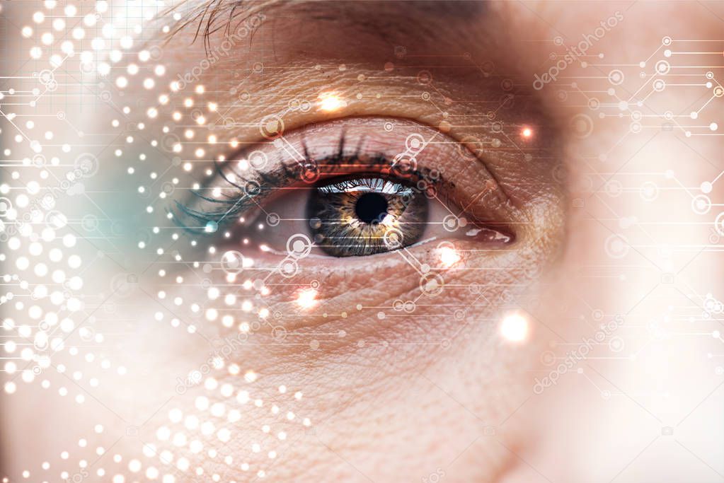 close up view of human eye with data illustration, robotic concept