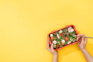 sarı arka plan üzerinde öğle yemeği kutusu tutan kadın kırpılmış görünümü