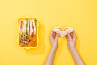 fındık, kuru kayısı ve aperatifler ile öğle yemeği kutusu yakınında kadın tutun sandviç kırpılmış görünümü