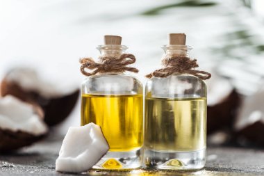 hindistan cevizi parçası yakınında hindistan cevizi yağı ile şişe seçici odak