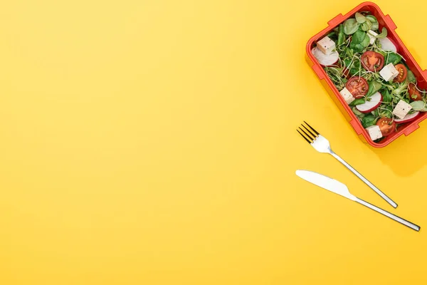 Top View Lunch Box Salad Fork Knife — Stock Photo, Image