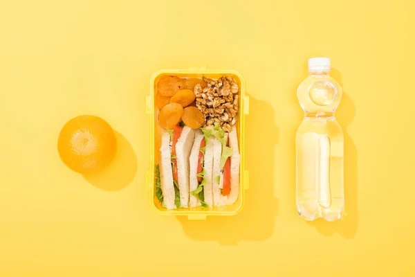 Top View Lunch Box Sandwiches Nuts Dried Apricots Bottle Water — Stock Photo, Image