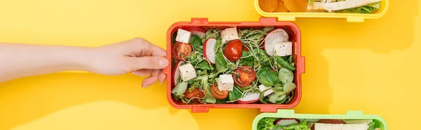 Abgeschnittene Ansicht Der Frau Die Lunchbox Mit Lebensmitteln Auswählt — Stockfoto
