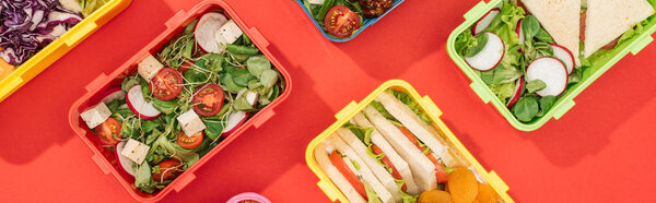 panoramic shot of lunch boxes with food on red background