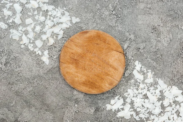 Top View Coconut Shavings Wooden Board Grey Textured Background — Stock Photo, Image