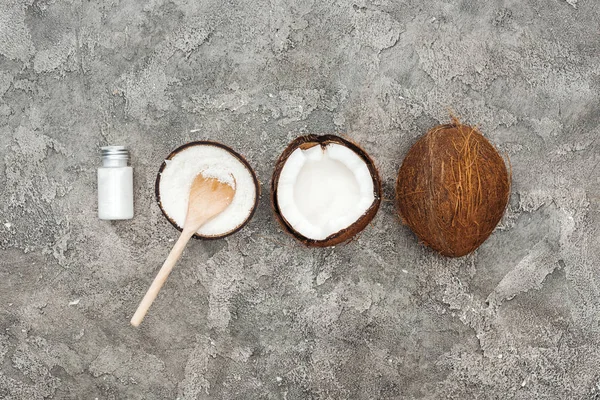 Flat Lay Coconuts Coconut Cream Grey Textured Background — Stock Photo, Image