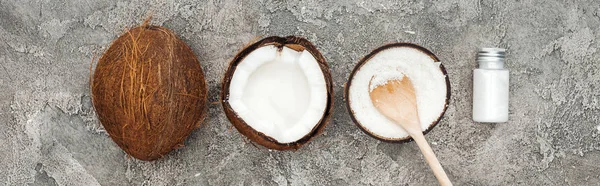 Flat Lay Coconuts Coconut Cream Grey Textured Background Panoramic Shot — Stock Photo, Image