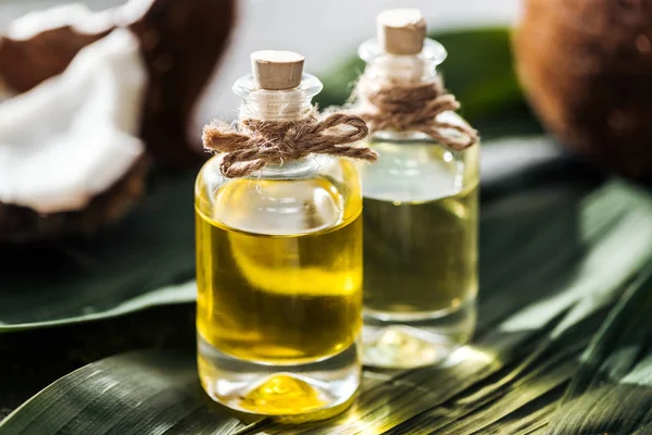 Focalizzazione Selettiva Bottiglie Con Olio Cocco Foglie Palma Verdi — Foto Stock