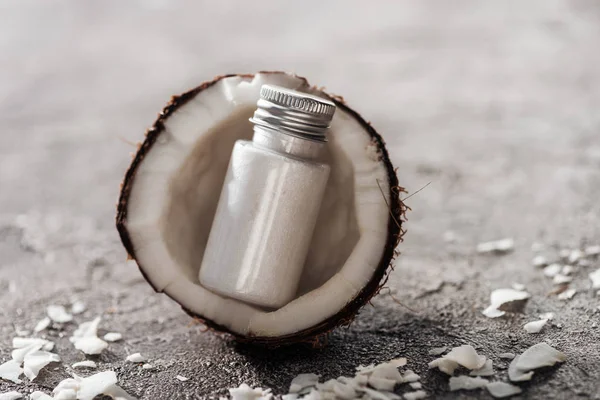 Bottle White Coconut Cream Coconut Half Grey Textured Background — Stock Photo, Image
