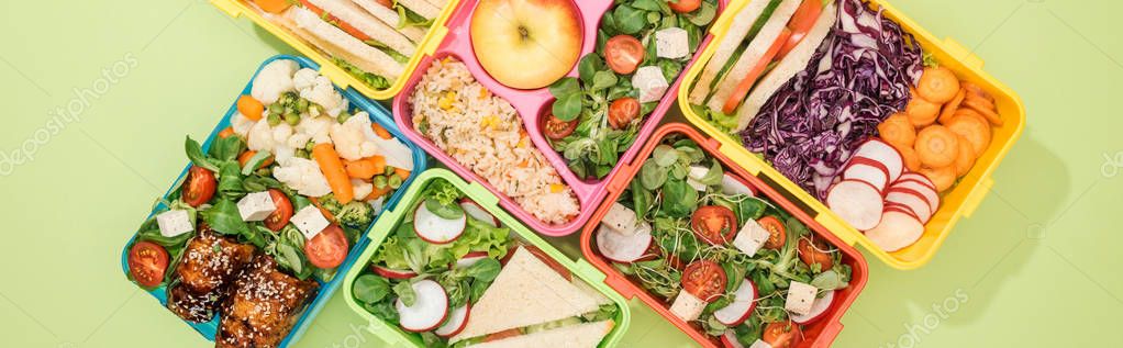 Panoramic shot of lunch boxes with food — Stock Image Panoramic Shot Lunch Boxes Food Stock Photo