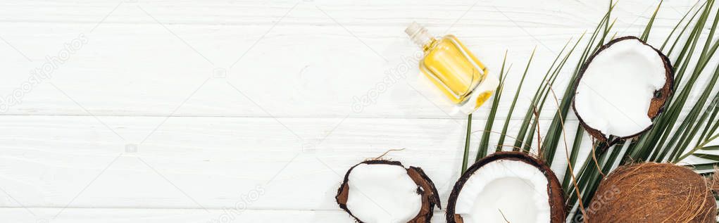 top view of coconut oil in bottle on green palm leaf on white wooden surface, panoramic shot