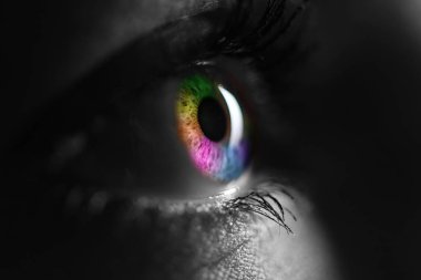 black and white shot of human with bright rainbow colors eye clipart
