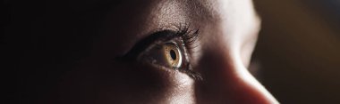 close up view of human colorful eye looking away in darkness, panoramic shot clipart