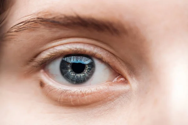 Close View Young Woman Blue Eye Eyelashes Eyebrow — Stock Photo, Image