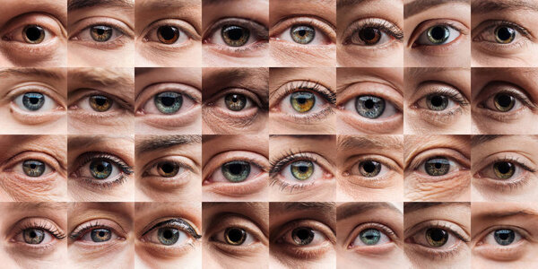 collage with human beautiful eyes of different colors 