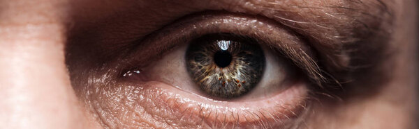 close up view of mature human eye looking at camera, panoramic shot