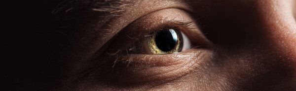 close up view of human eye looking away in dark, panoramic shot