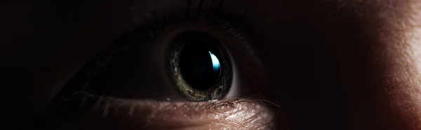 Close View Human Eye Looking Away Dark Panoramic Shot — Stock Photo, Image