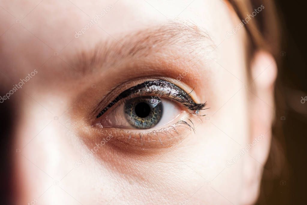 close up view of young woman eye with eyelashes and eyebrow looking at camera