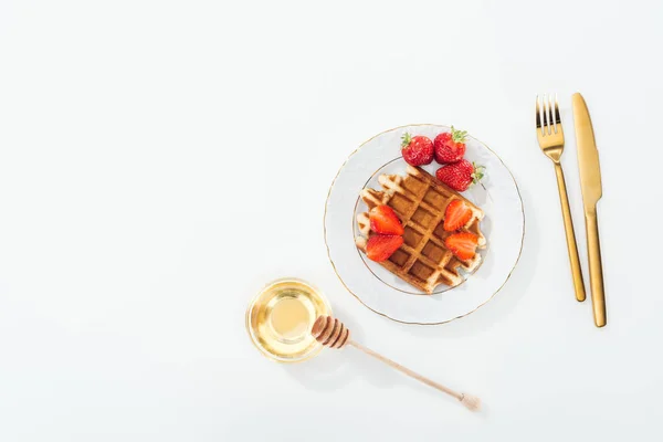 Vue Dessus Gaufre Avec Fraises Sur Assiette Près Bol Avec — Photo