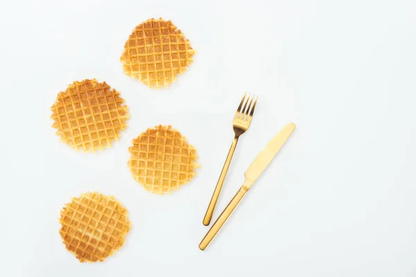 Top View Four Waffles Fork Knife Isolated White — Stock Photo, Image